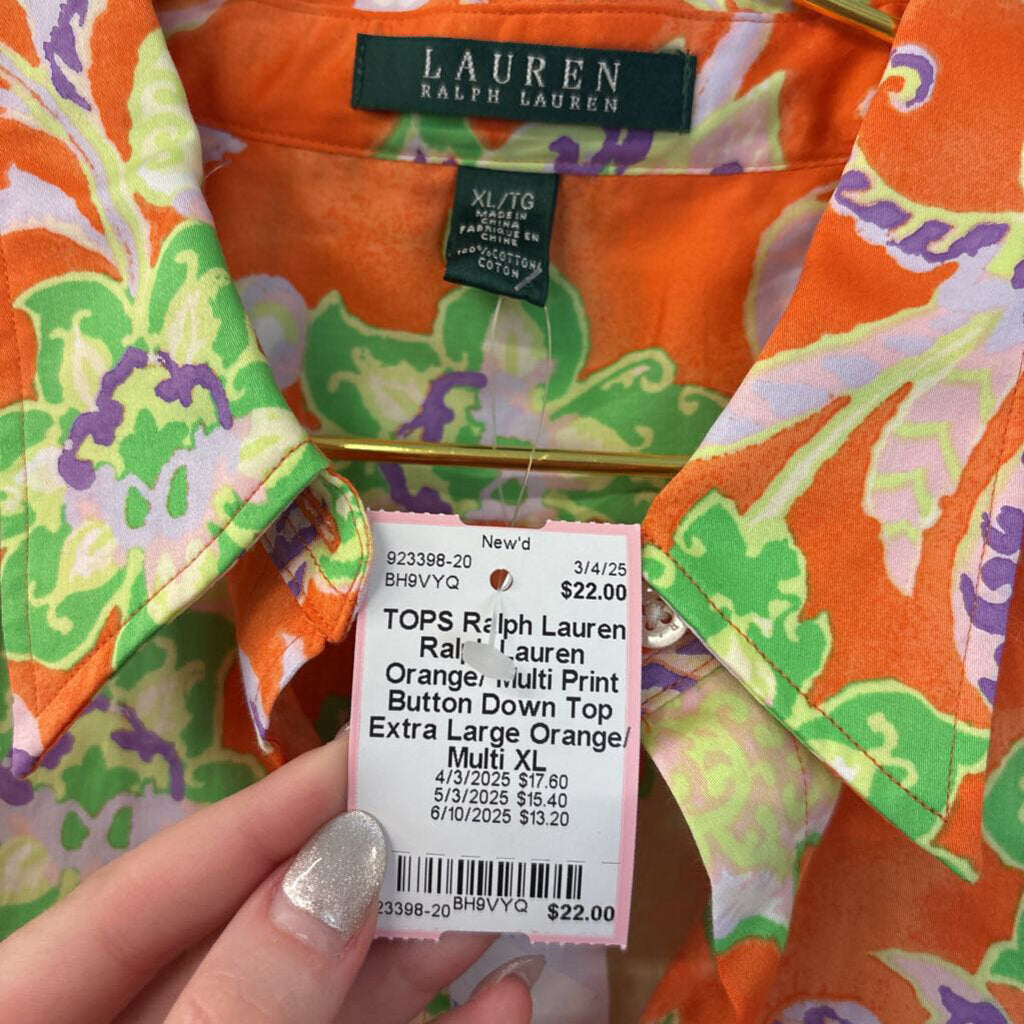 Ralph Lauren Orange/ Multi Print Button Down Top Extra Large