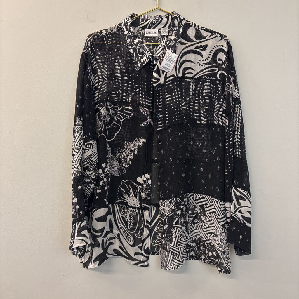 Chicos Black/ White Print Long Sleeve Button Down Top 3