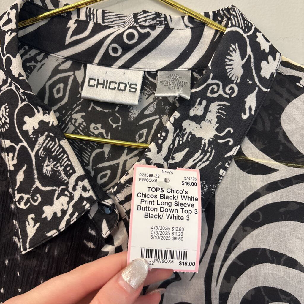 Chicos Black/ White Print Long Sleeve Button Down Top 3