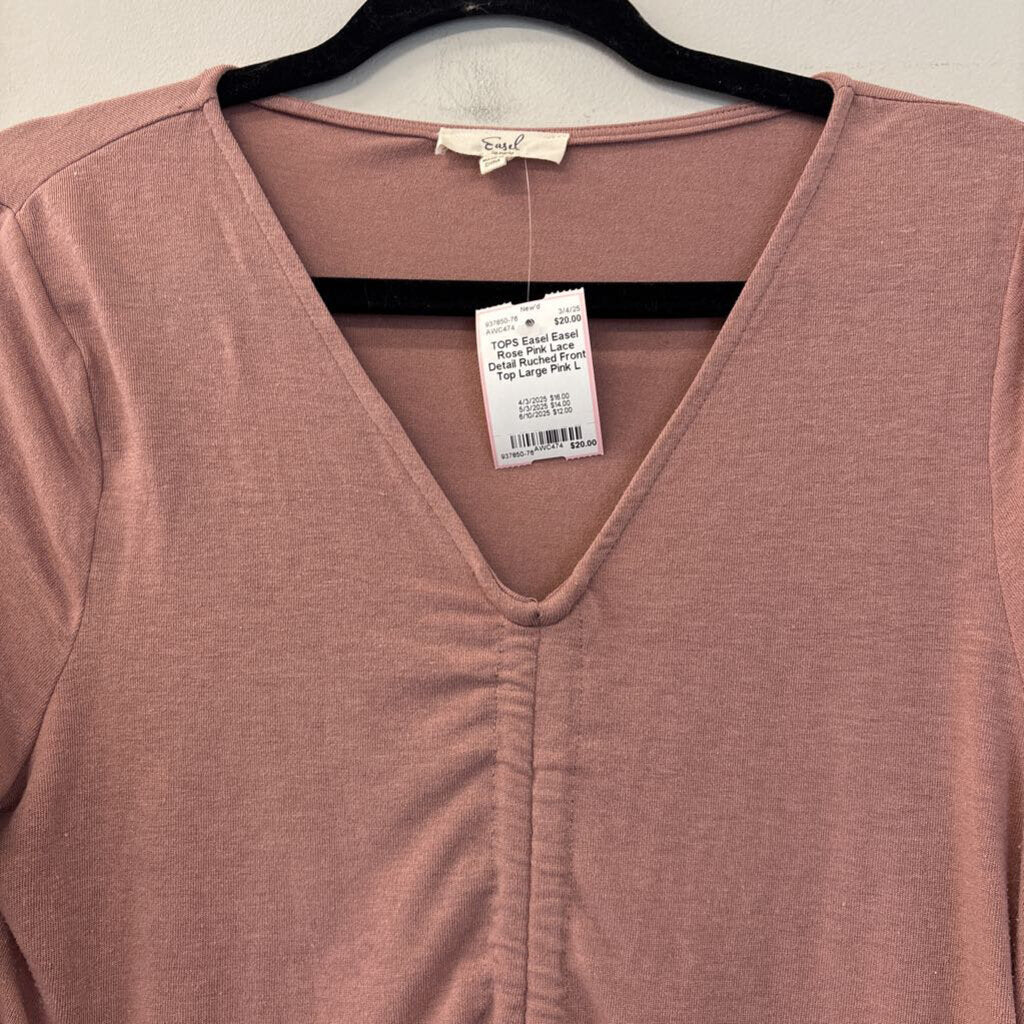 Easel Rose Pink Lace Detail Ruched Front Top Large
