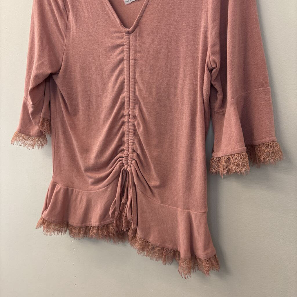 Easel Rose Pink Lace Detail Ruched Front Top Large