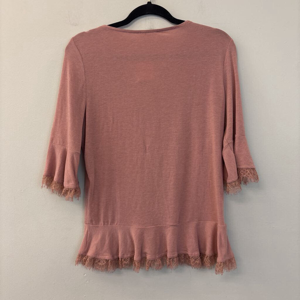 Easel Rose Pink Lace Detail Ruched Front Top Large