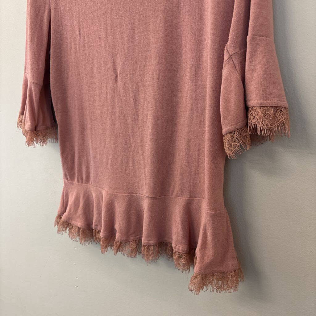 Easel Rose Pink Lace Detail Ruched Front Top Large