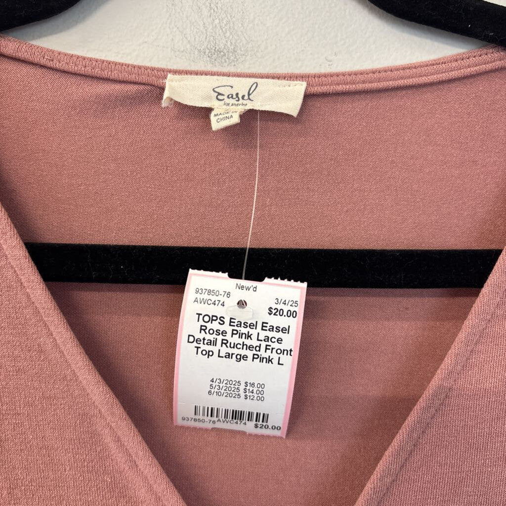 Easel Rose Pink Lace Detail Ruched Front Top Large