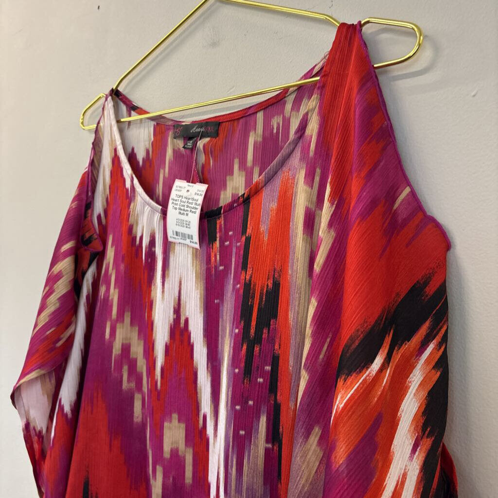 Heart Soul Red/ Multi Print Cold Shoulder Top Medium