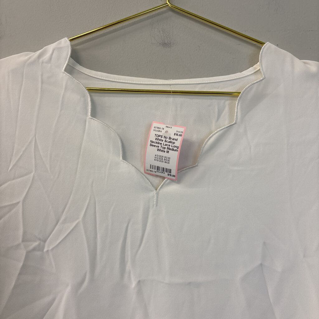 White Scallop Neckline Lace Long Sleeve Top Medium