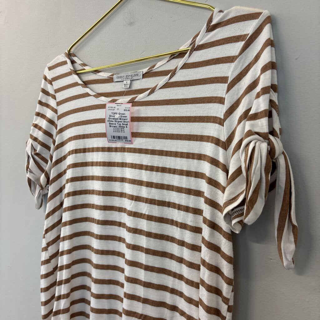 Green Envelope Brown/ White Striped Short Sleeve Top Small