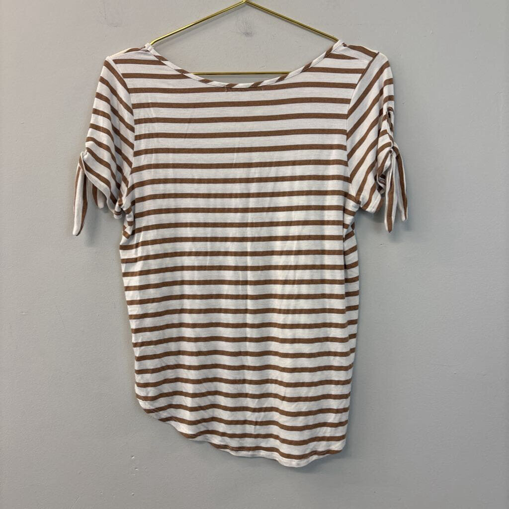 Green Envelope Brown/ White Striped Short Sleeve Top Small