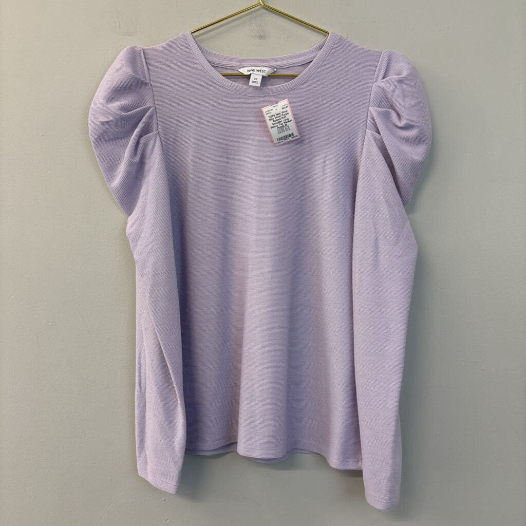 Nine West Purple Ribbed Puff Shoulder Long Sleeve Top Medium