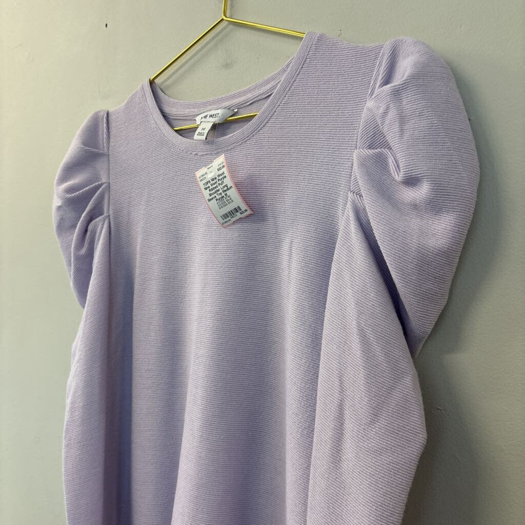 Nine West Purple Ribbed Puff Shoulder Long Sleeve Top Medium