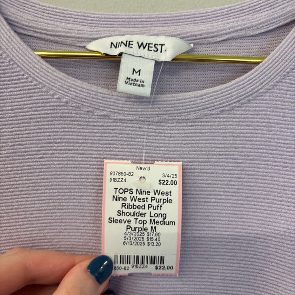 Nine West Purple Ribbed Puff Shoulder Long Sleeve Top Medium