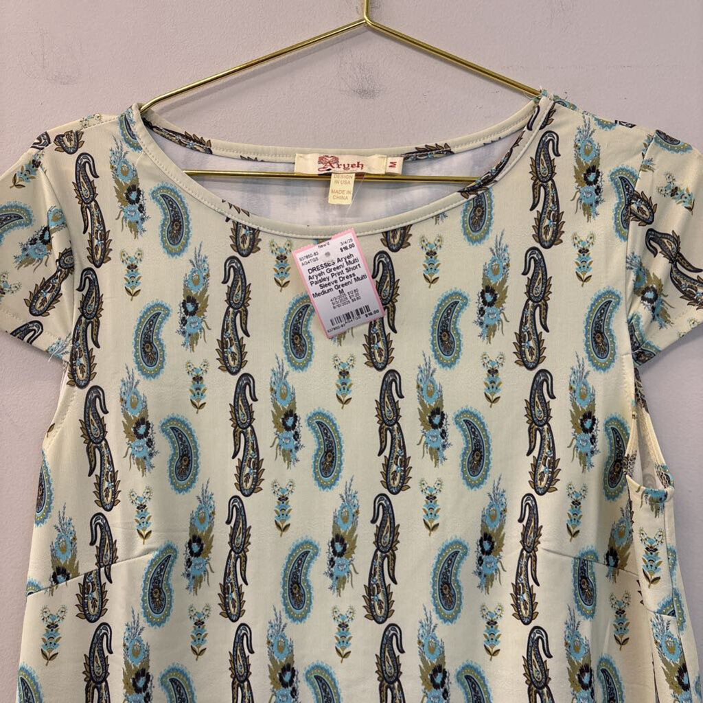 Aryeh Green/ Multi Paisley Print Short Sleeve Dress Medium