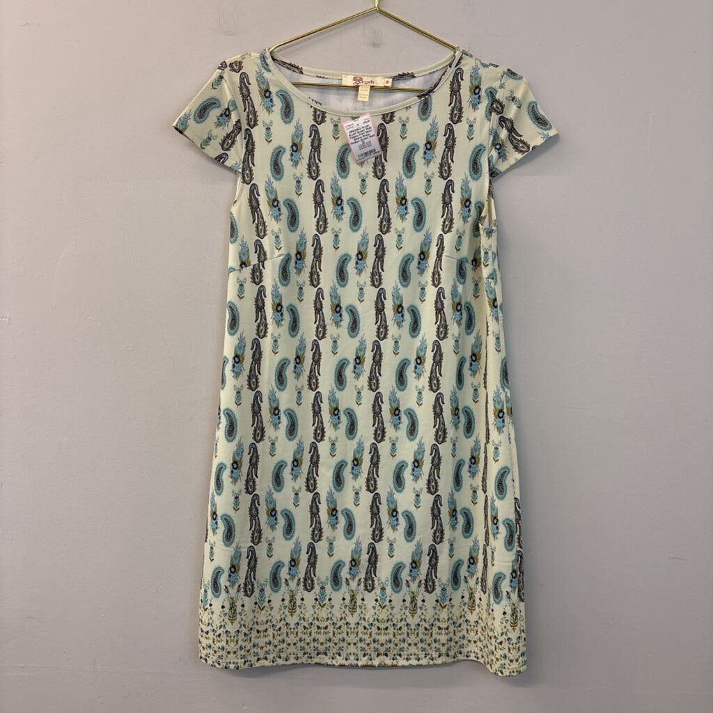 Aryeh Green/ Multi Paisley Print Short Sleeve Dress Medium