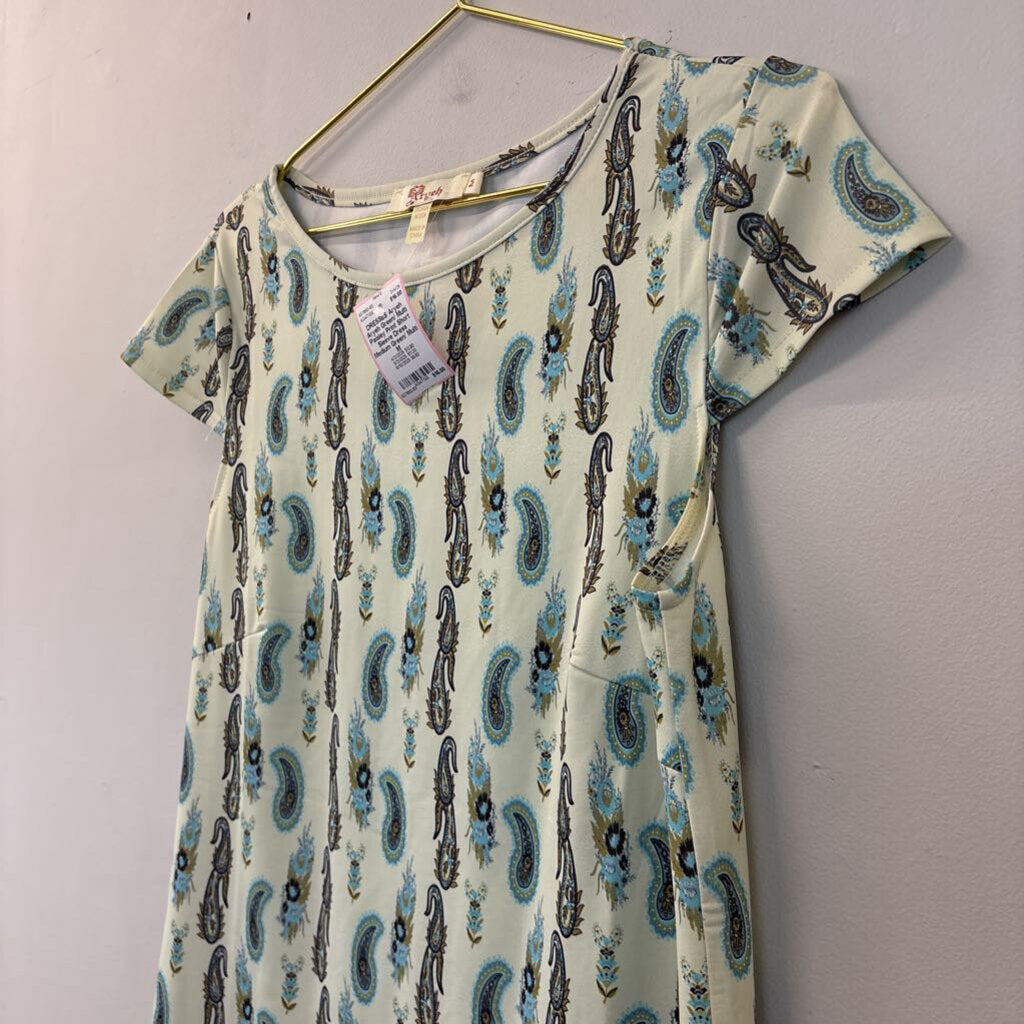 Aryeh Green/ Multi Paisley Print Short Sleeve Dress Medium