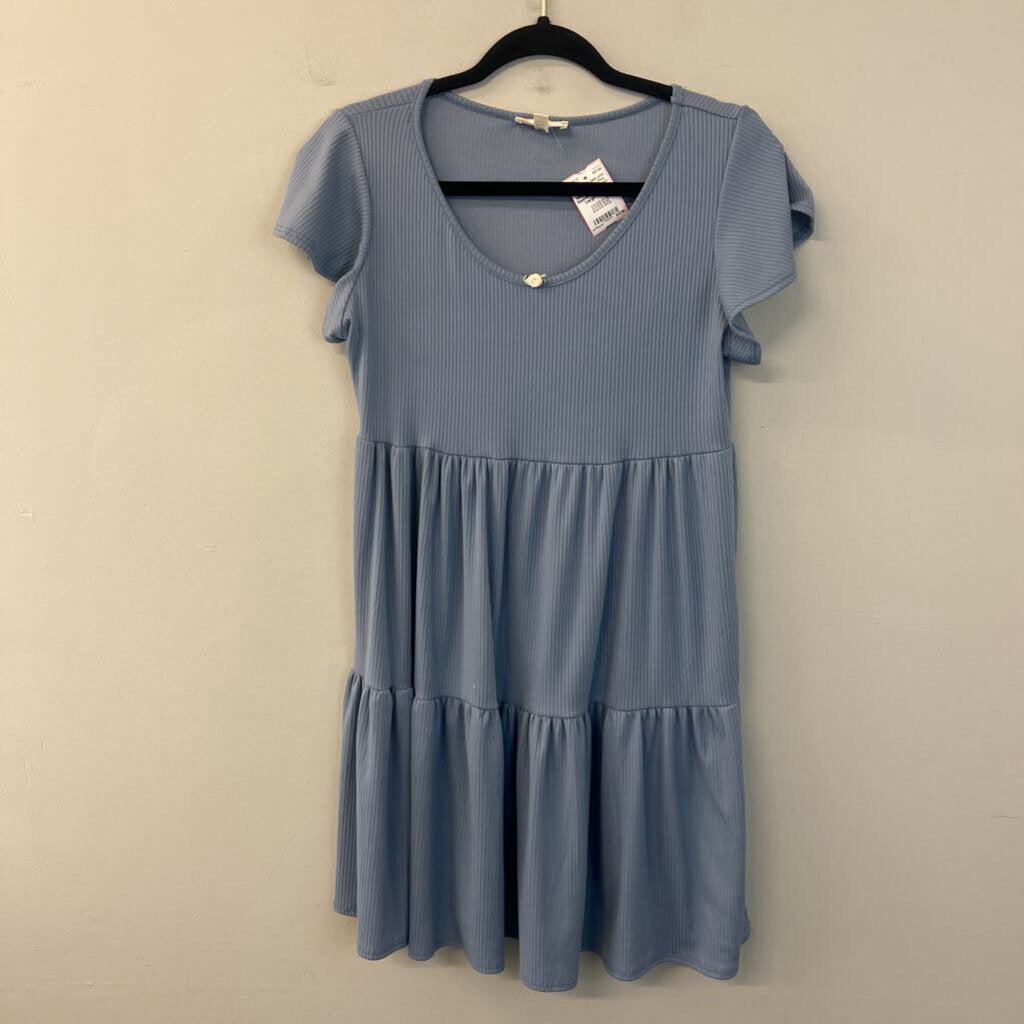 See You Monday Blue Short Sleeve Tiered Dress Large