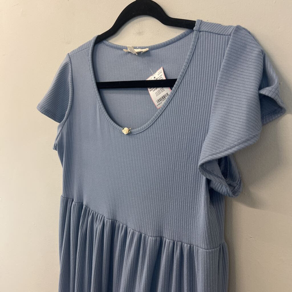 See You Monday Blue Short Sleeve Tiered Dress Large