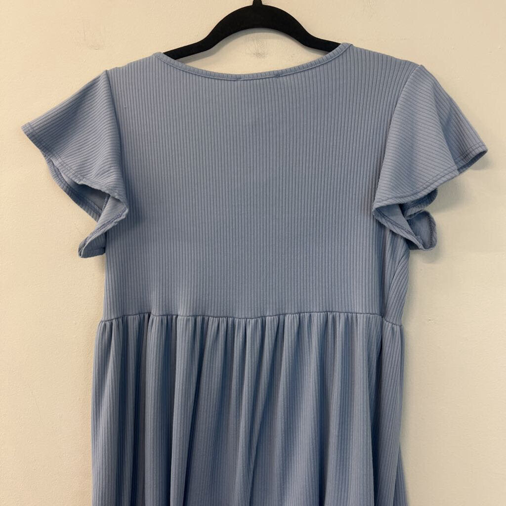 See You Monday Blue Short Sleeve Tiered Dress Large
