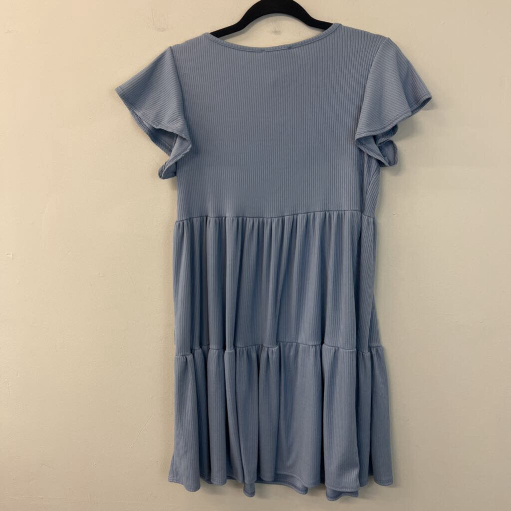 See You Monday Blue Short Sleeve Tiered Dress Large