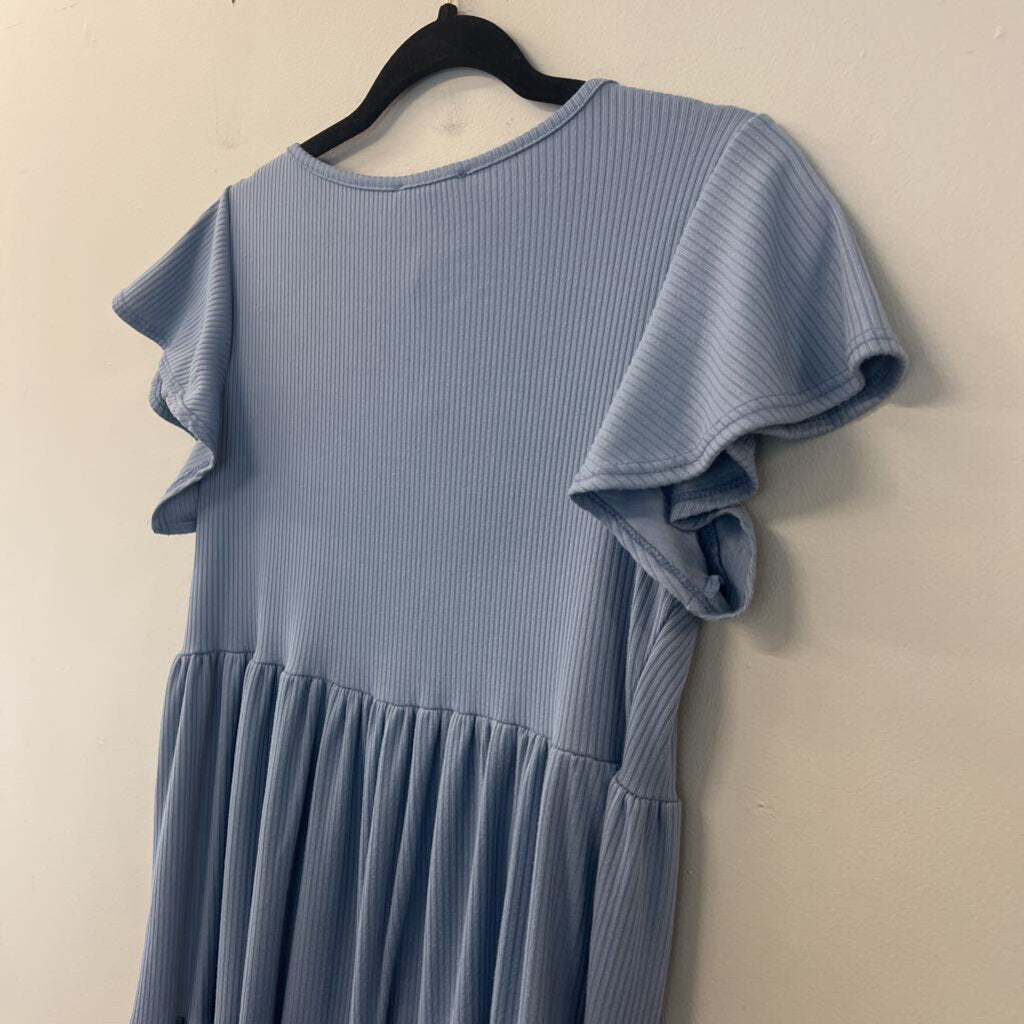 See You Monday Blue Short Sleeve Tiered Dress Large