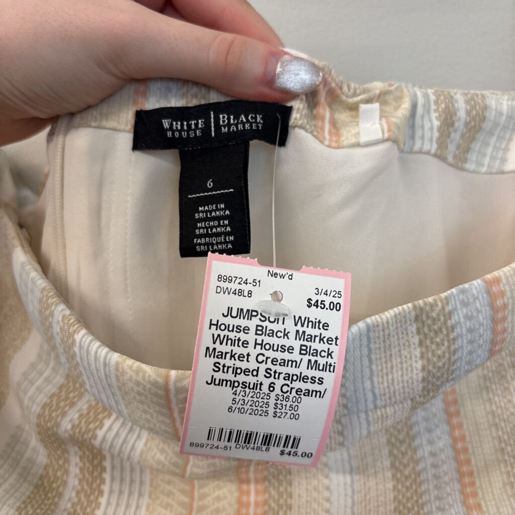 White House Black Market Cream/ Multi Striped Strapless Jumpsuit 6