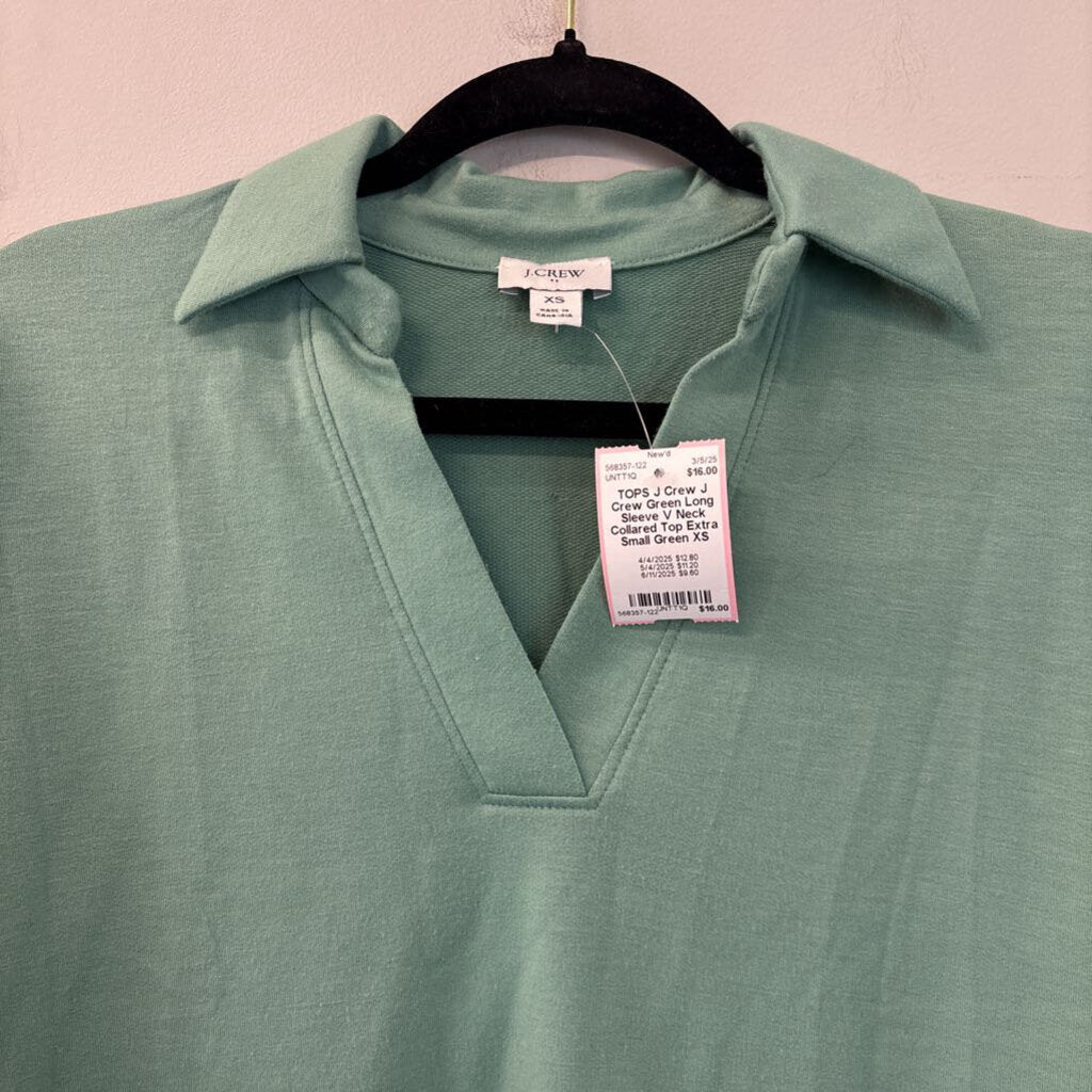 J Crew Green Long Sleeve V Neck Collared Top Extra Small