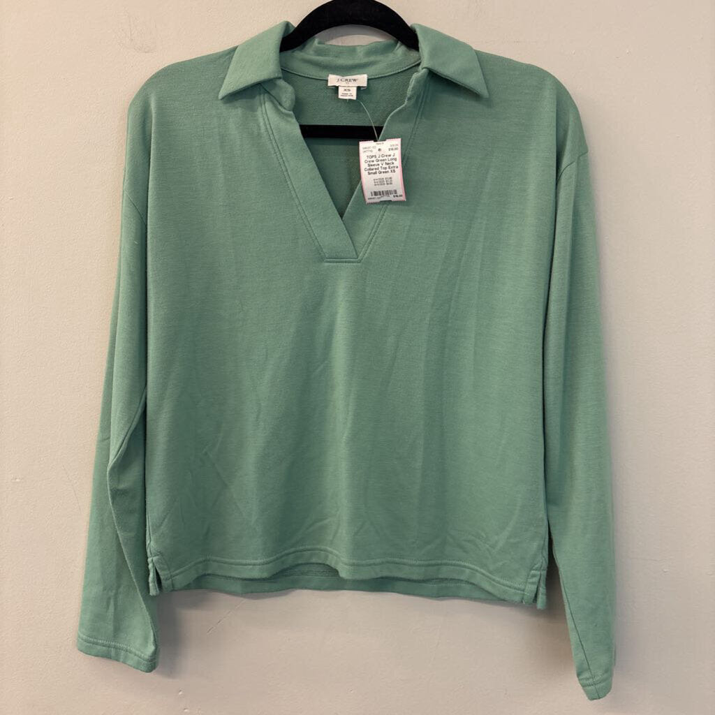 J Crew Green Long Sleeve V Neck Collared Top Extra Small