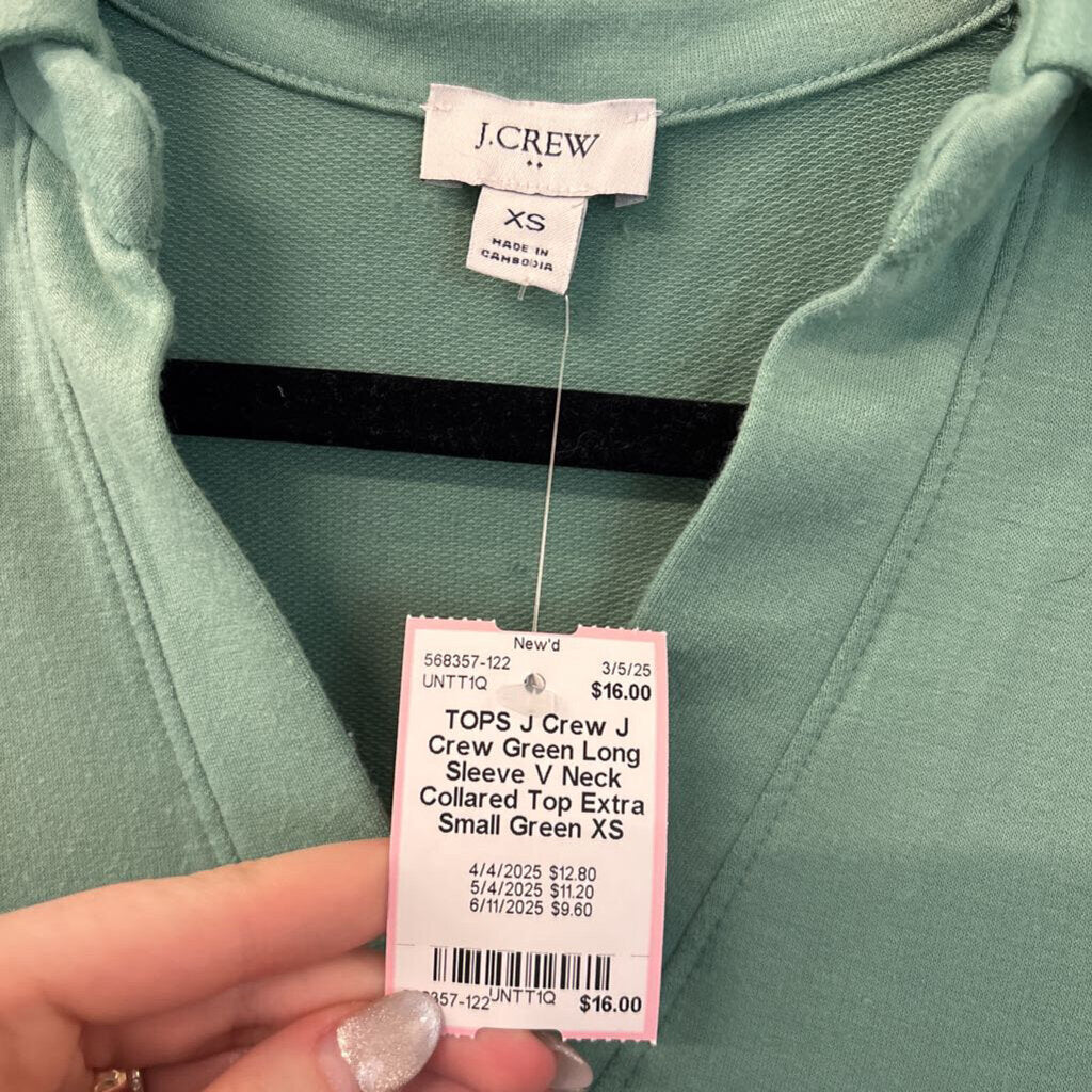 J Crew Green Long Sleeve V Neck Collared Top Extra Small