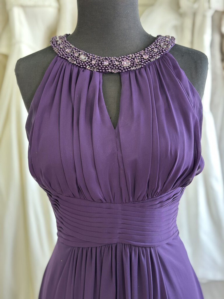 Eliza J Purple High Beaded Neck Ruched Detail Long Formal Dress 10