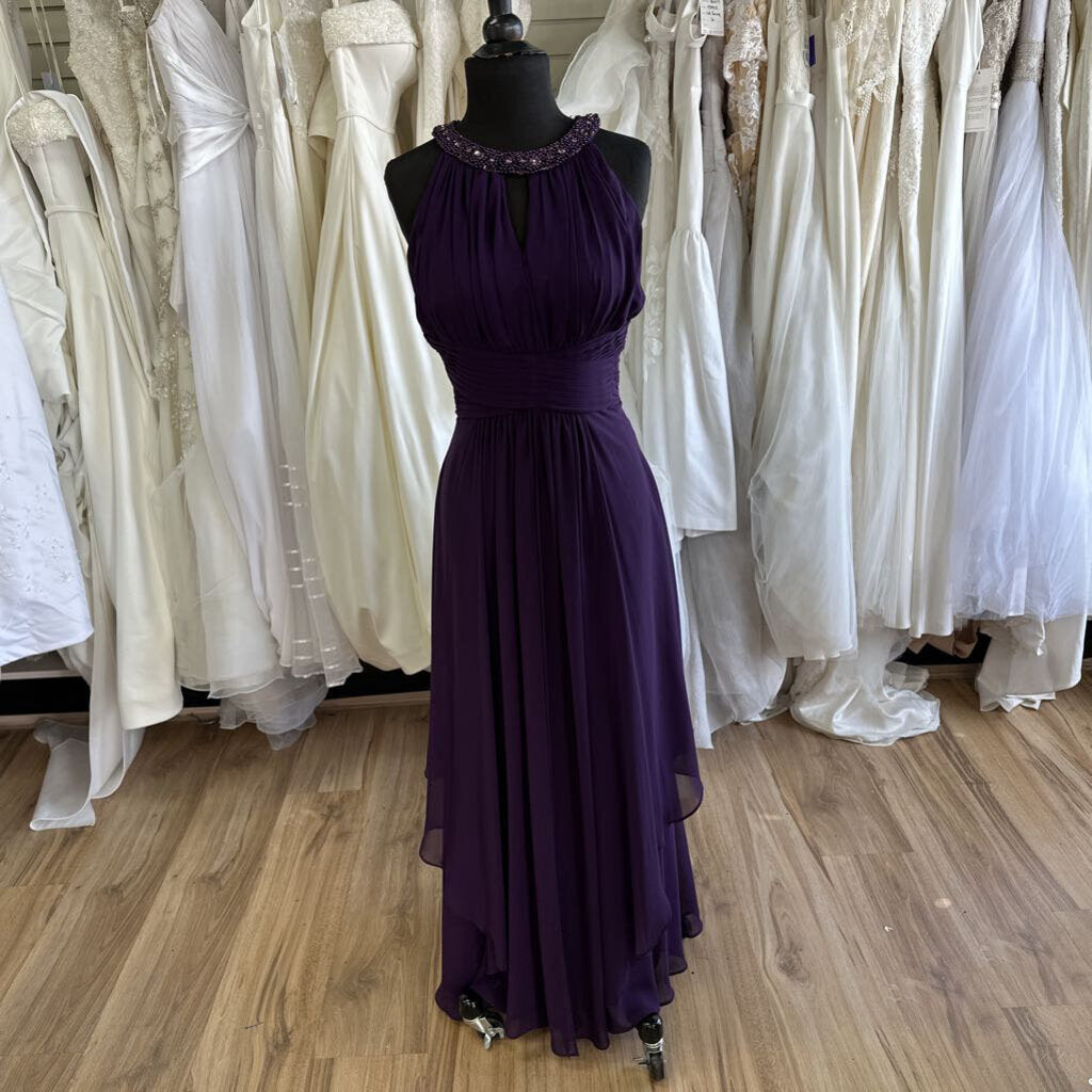 Eliza J Purple High Beaded Neck Ruched Detail Long Formal Dress 10