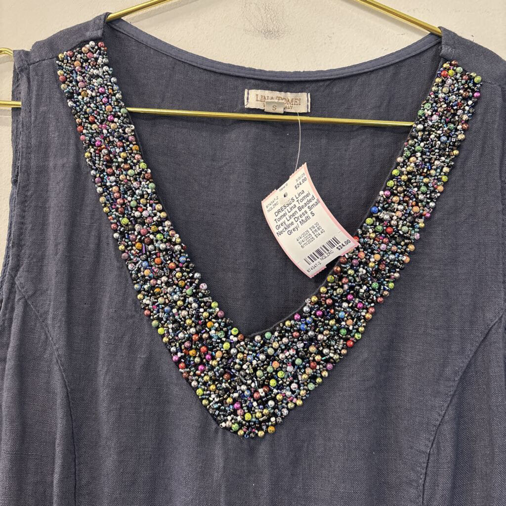 Lina Tomei Grey Linen Beaded Neckline Dress Small