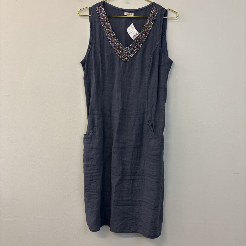 Lina Tomei Grey Linen Beaded Neckline Dress Small