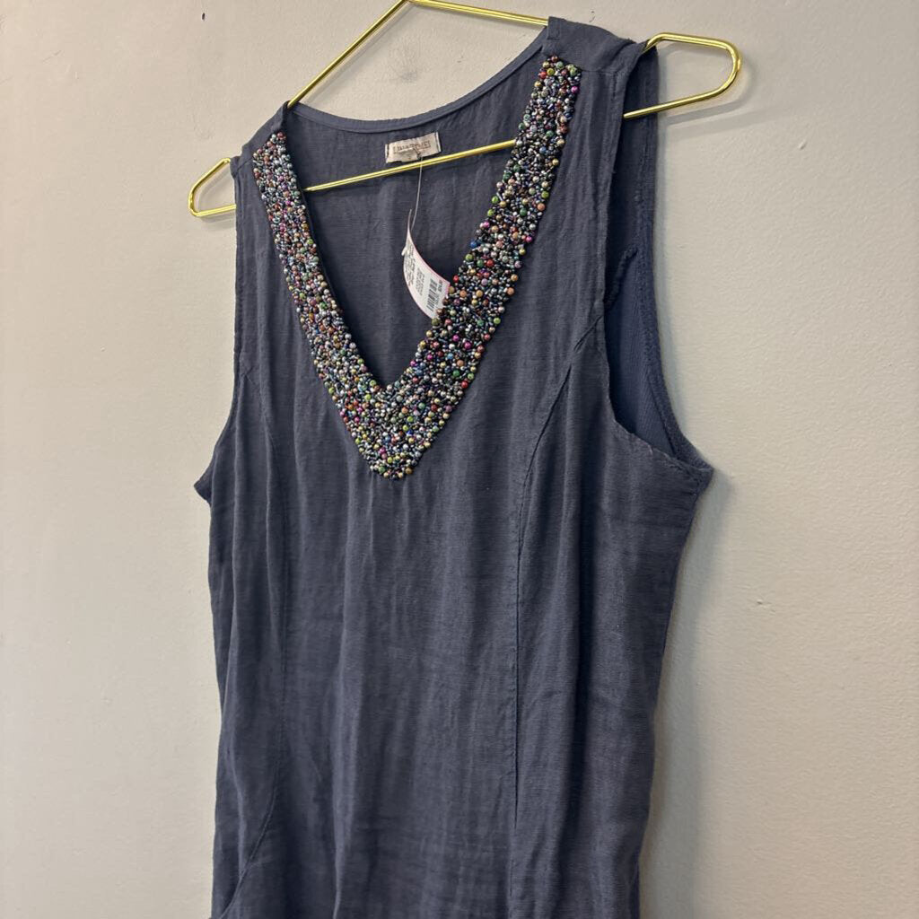 Lina Tomei Grey Linen Beaded Neckline Dress Small
