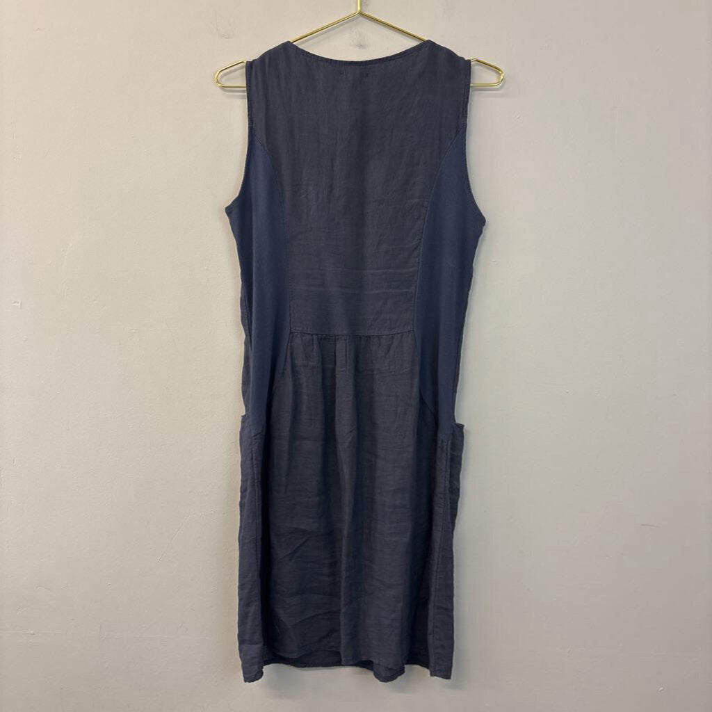 Lina Tomei Grey Linen Beaded Neckline Dress Small
