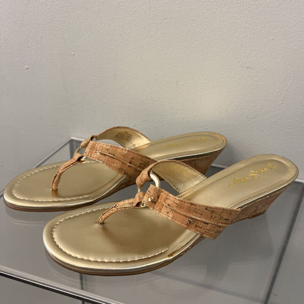 Lilly Pulitzer Gold/ Brown Cork Wedge Sandals 10
