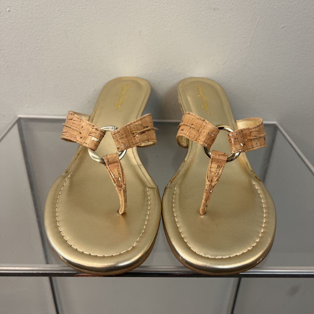 Lilly Pulitzer Gold/ Brown Cork Wedge Sandals 10