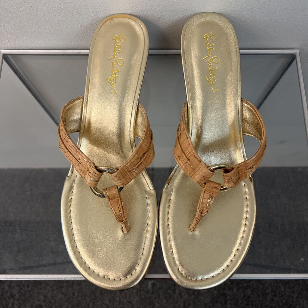 Lilly Pulitzer Gold/ Brown Cork Wedge Sandals 10