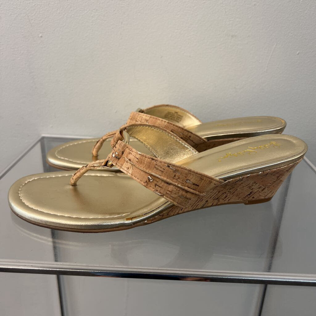 Lilly Pulitzer Gold/ Brown Cork Wedge Sandals 10