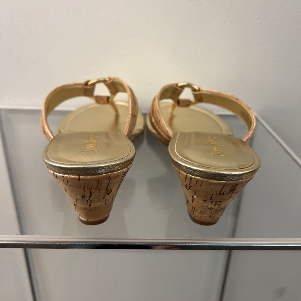 Lilly Pulitzer Gold/ Brown Cork Wedge Sandals 10