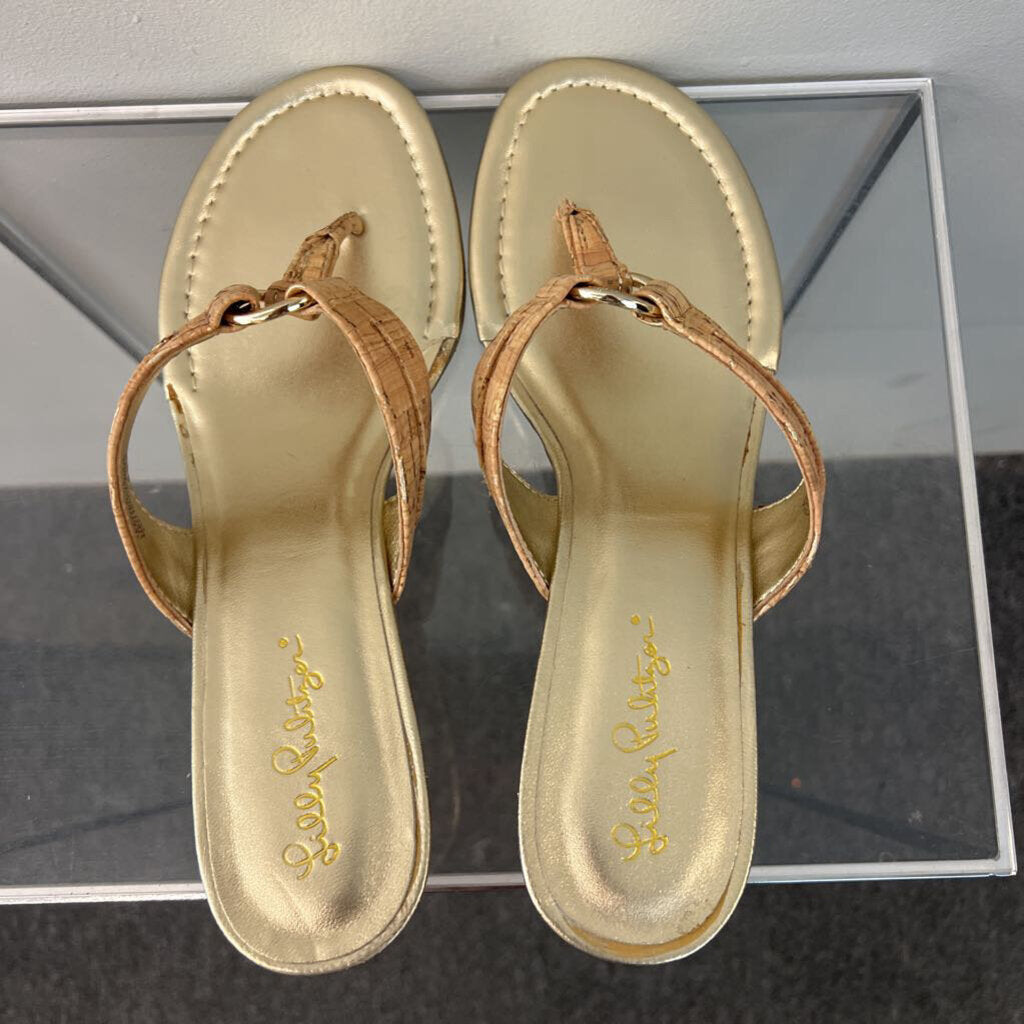 Lilly Pulitzer Gold/ Brown Cork Wedge Sandals 10