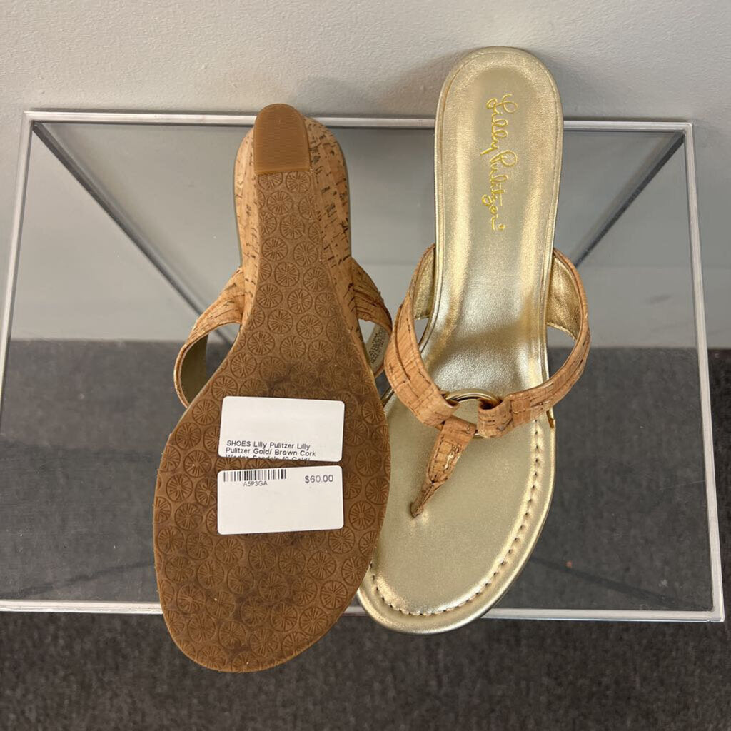 Lilly Pulitzer Gold/ Brown Cork Wedge Sandals 10