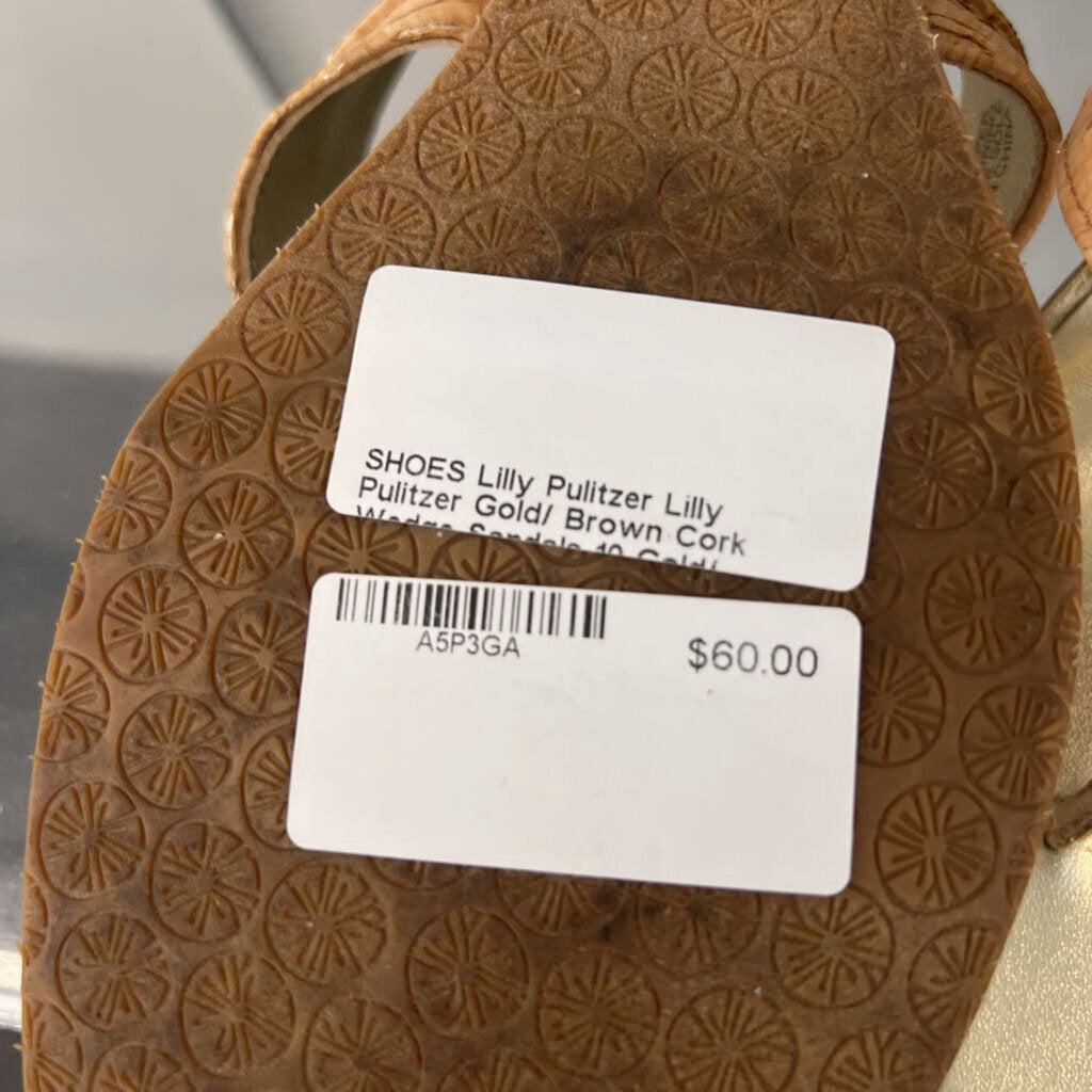 Lilly Pulitzer Gold/ Brown Cork Wedge Sandals 10