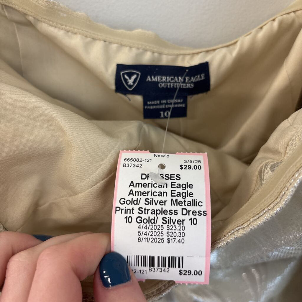American Eagle Gold/ Silver Metallic Print Strapless Dress 10