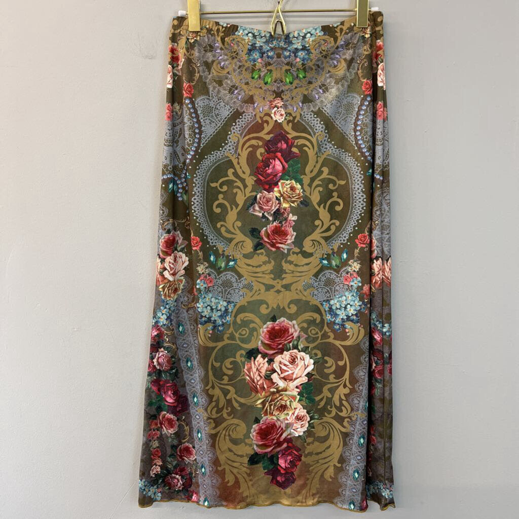 Green/ Multi Print Midi Skirt Small