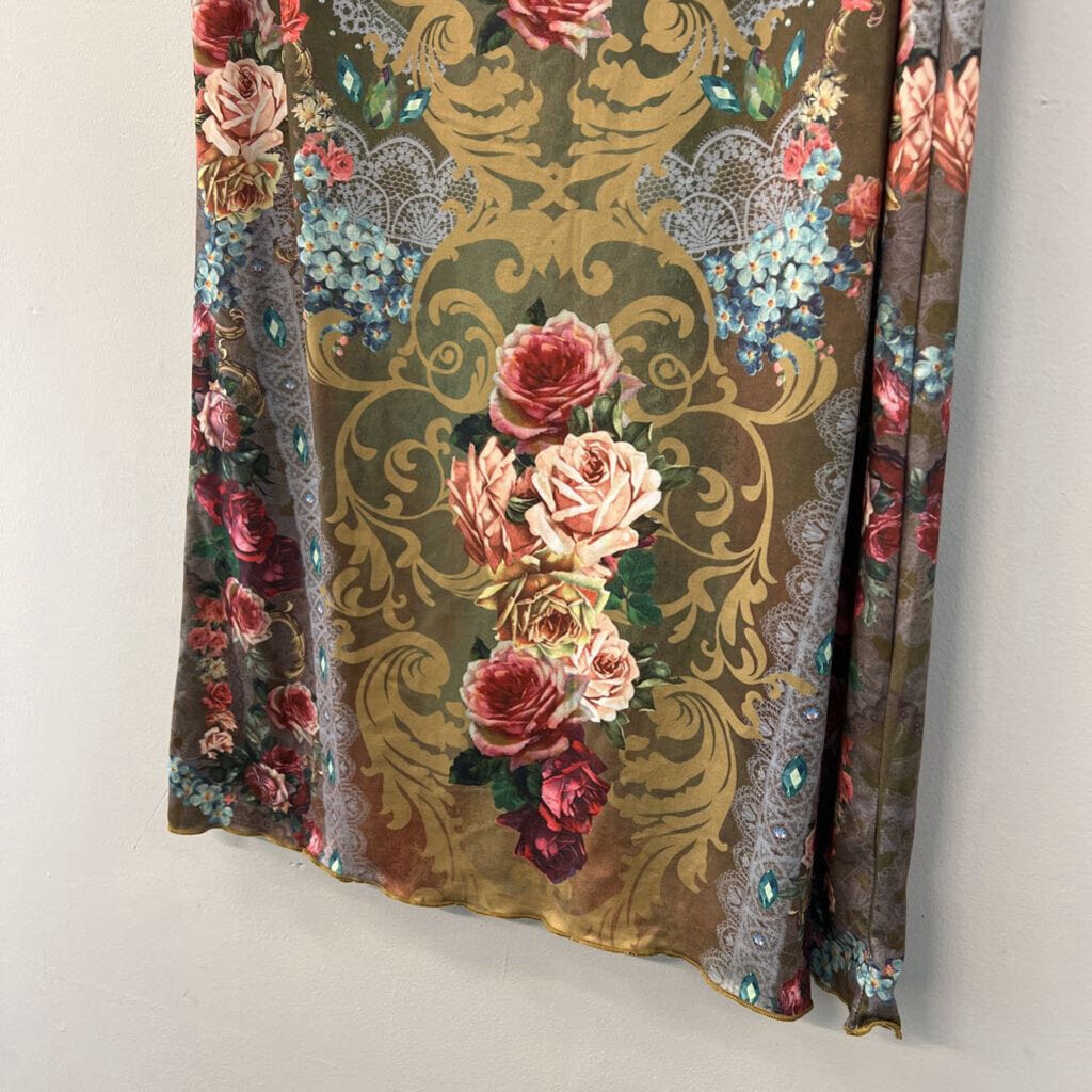 Green/ Multi Print Midi Skirt Small