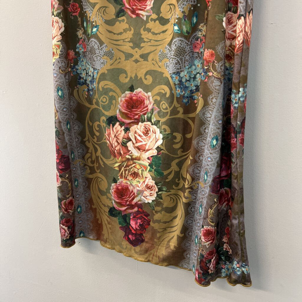 Green/ Multi Print Midi Skirt Small