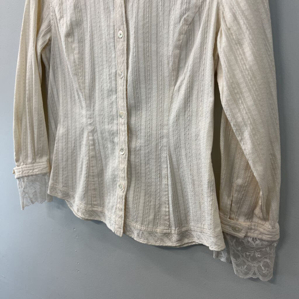 J Jill Cream Embroidered Stripe Long Sleeve Button Down Top Medium Petite