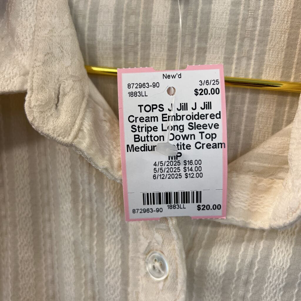 J Jill Cream Embroidered Stripe Long Sleeve Button Down Top Medium Petite