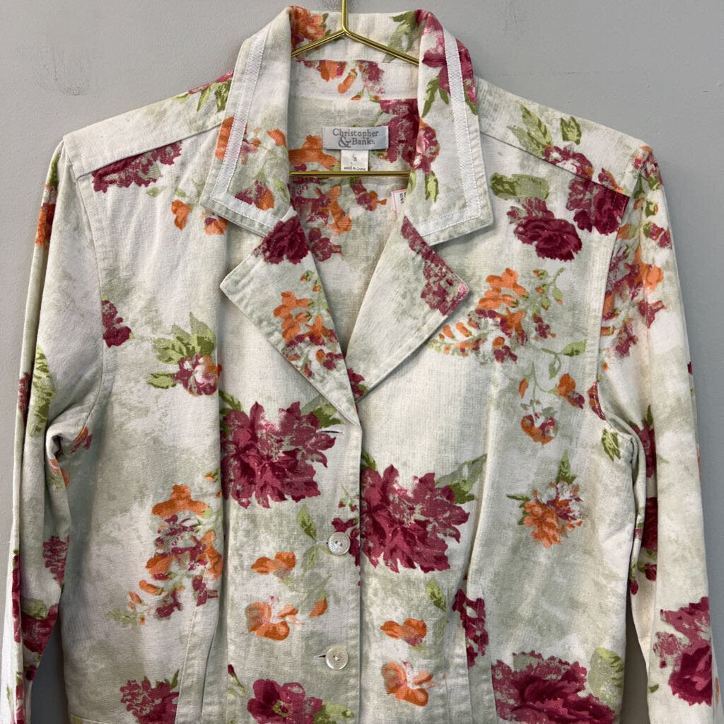 Christopher and Banks Beige/ Multi Flower Print Long Sleeve Button Down Top Small