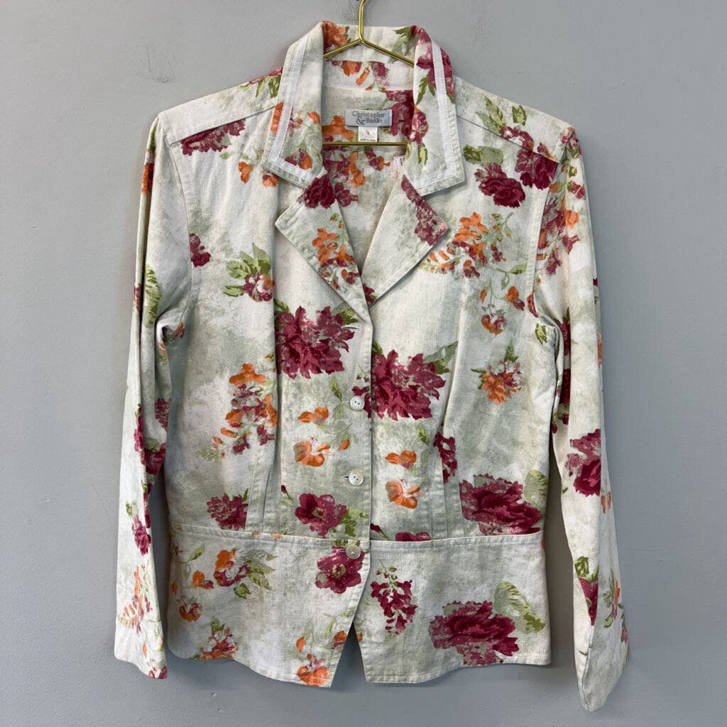 Christopher and Banks Beige/ Multi Flower Print Long Sleeve Button Down Top Small