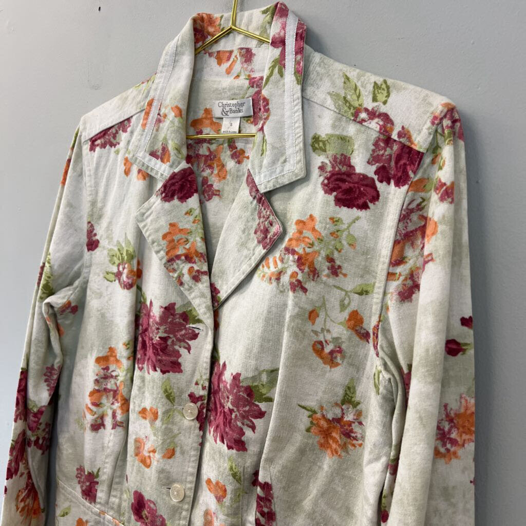 Christopher and Banks Beige/ Multi Flower Print Long Sleeve Button Down Top Small